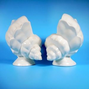 2 Set VTG Ceramic Conch Sea Shells Decor Planter Tiki Nautical Ocean Beach